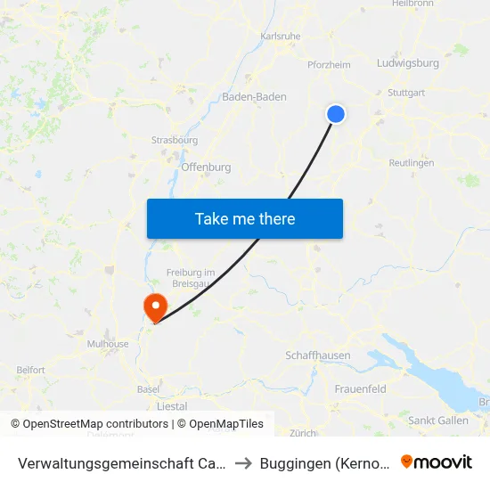 Verwaltungsgemeinschaft Calw to Buggingen (Kernort) map
