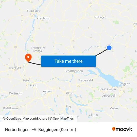 Herbertingen to Buggingen (Kernort) map