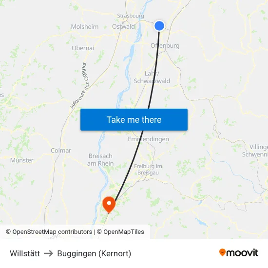 Willstätt to Buggingen (Kernort) map