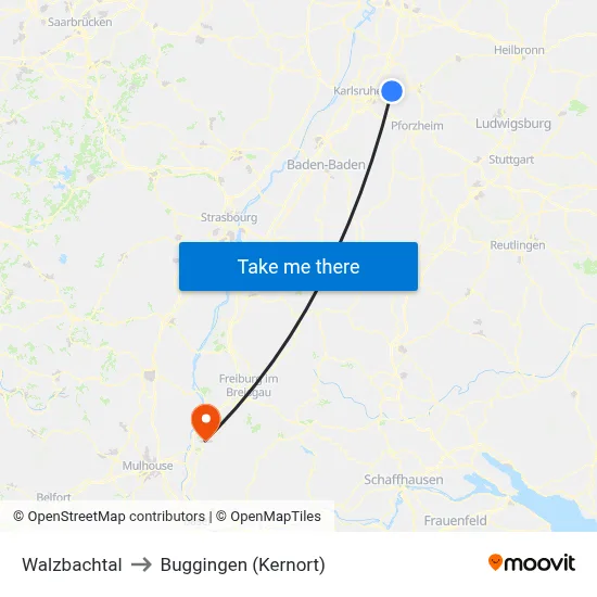 Walzbachtal to Buggingen (Kernort) map
