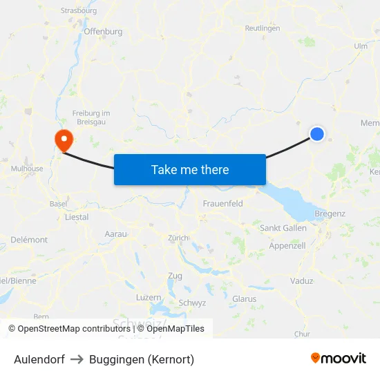 Aulendorf to Buggingen (Kernort) map