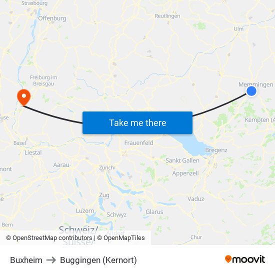 Buxheim to Buggingen (Kernort) map