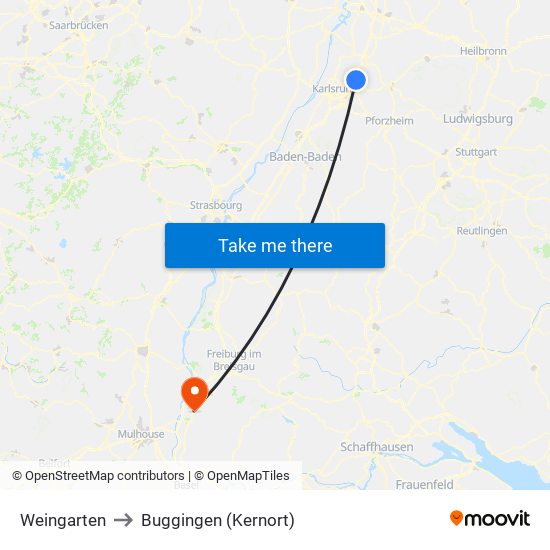 Weingarten to Buggingen (Kernort) map