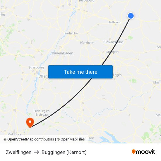Zweiflingen to Buggingen (Kernort) map