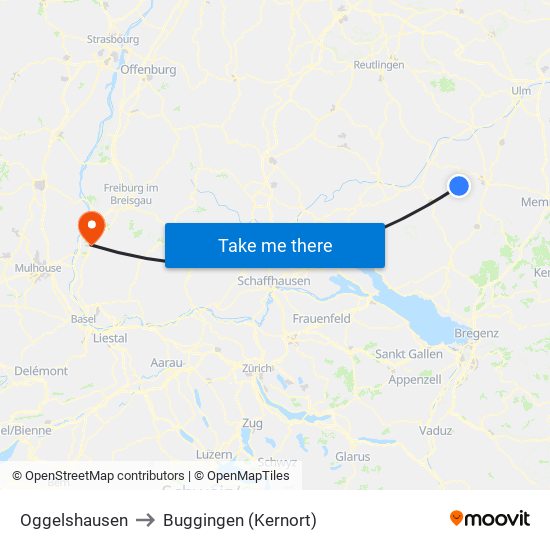 Oggelshausen to Buggingen (Kernort) map