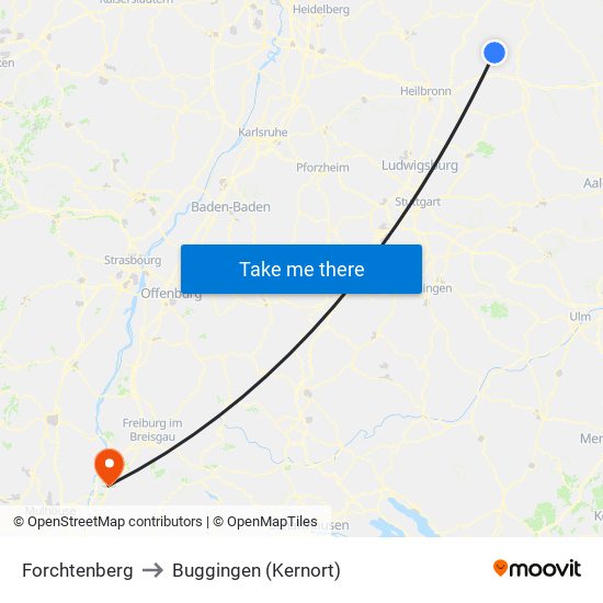 Forchtenberg to Buggingen (Kernort) map