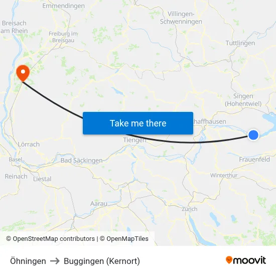 Öhningen to Buggingen (Kernort) map