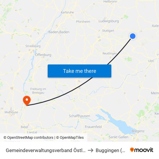 Gemeindeverwaltungsverband Östlicher Schurwald to Buggingen (Kernort) map