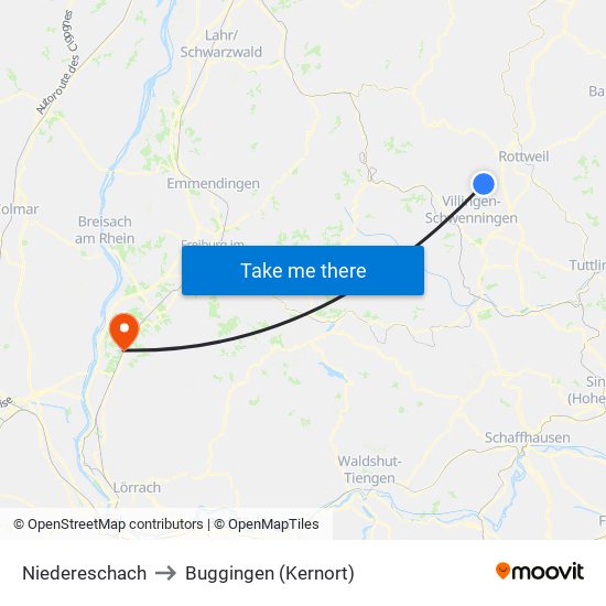 Niedereschach to Buggingen (Kernort) map