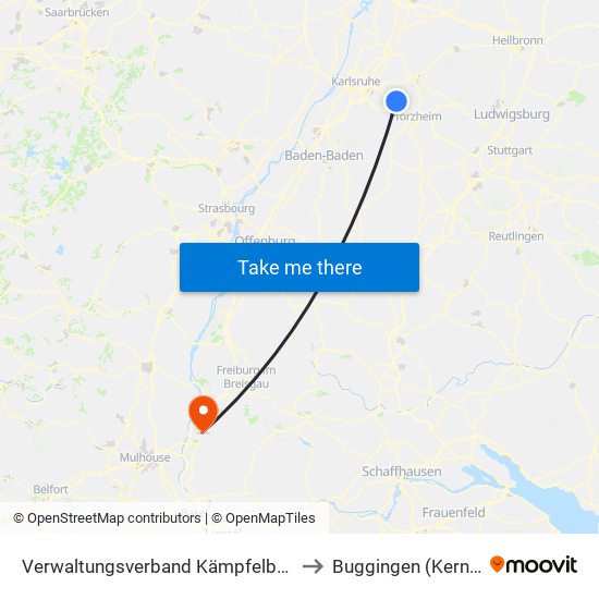 Verwaltungsverband Kämpfelbachtal to Buggingen (Kernort) map