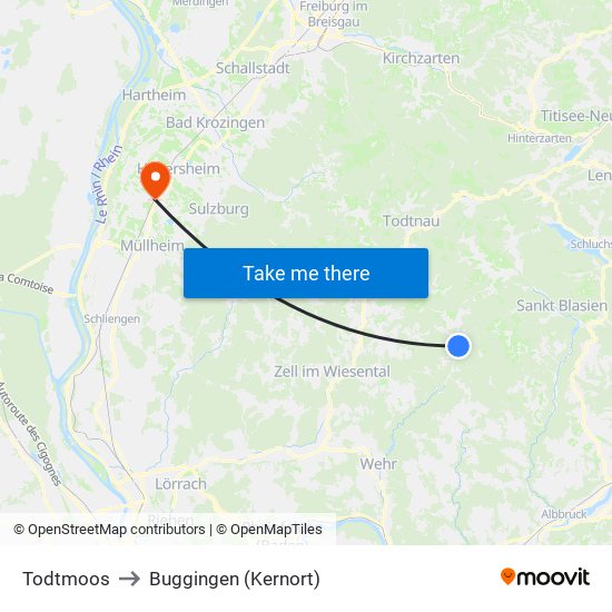 Todtmoos to Buggingen (Kernort) map