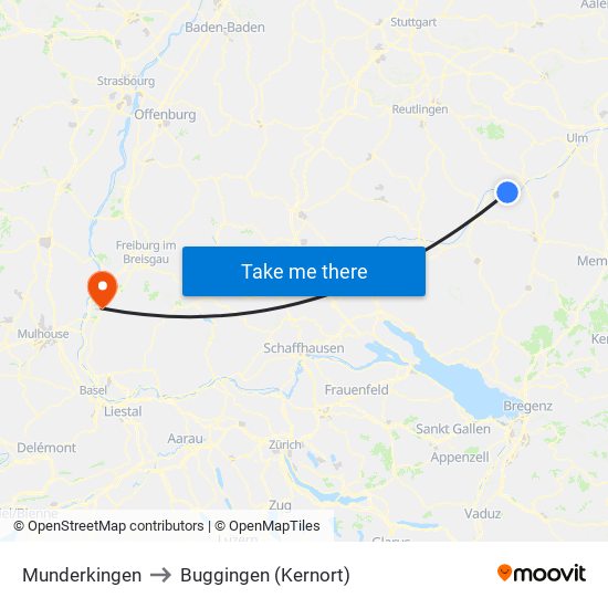 Munderkingen to Buggingen (Kernort) map