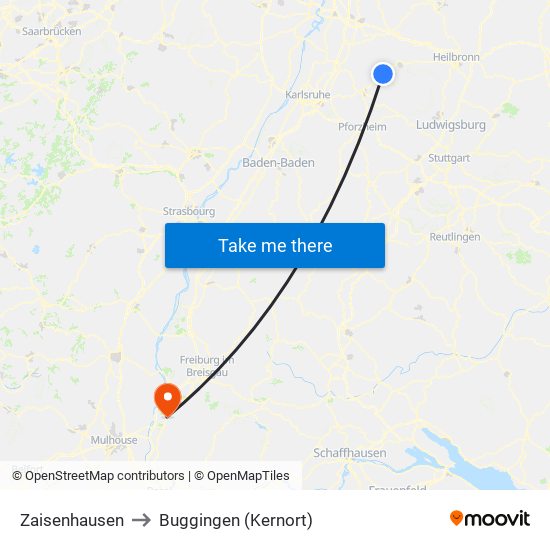 Zaisenhausen to Buggingen (Kernort) map