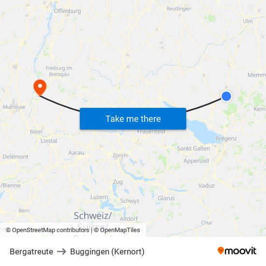 Bergatreute to Buggingen (Kernort) map