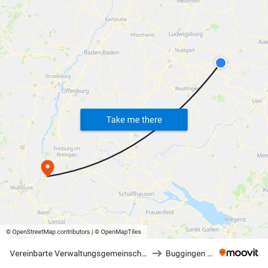 Vereinbarte Verwaltungsgemeinschaft Der Stadt Uhingen to Buggingen (Kernort) map
