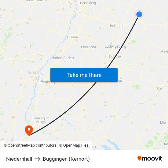 Niedernhall to Buggingen (Kernort) map