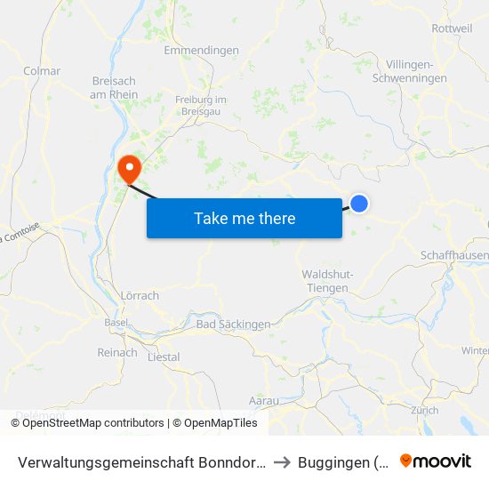 Verwaltungsgemeinschaft Bonndorf Im Schwarzwald to Buggingen (Kernort) map