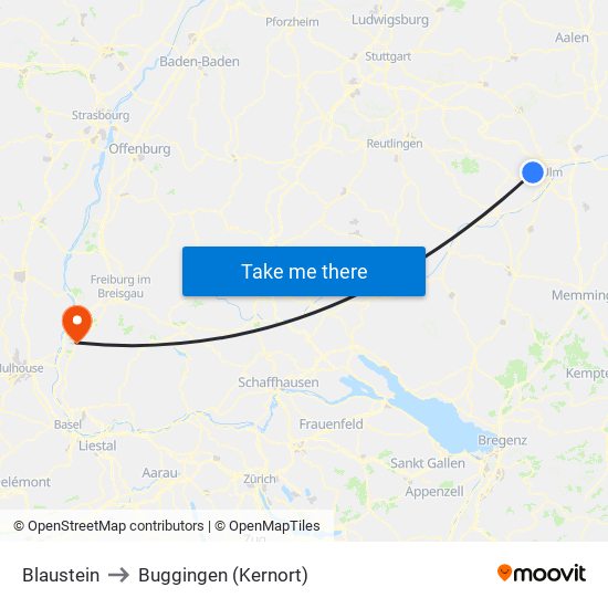 Blaustein to Buggingen (Kernort) map