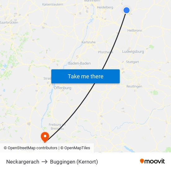 Neckargerach to Buggingen (Kernort) map