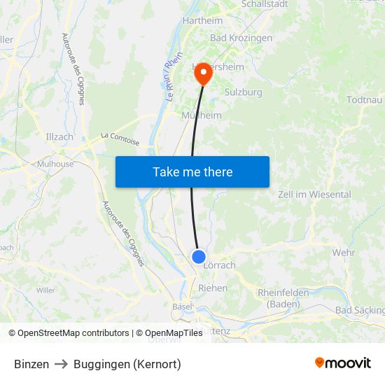 Binzen to Buggingen (Kernort) map