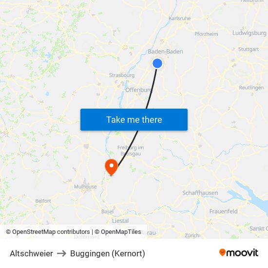 Altschweier to Buggingen (Kernort) map