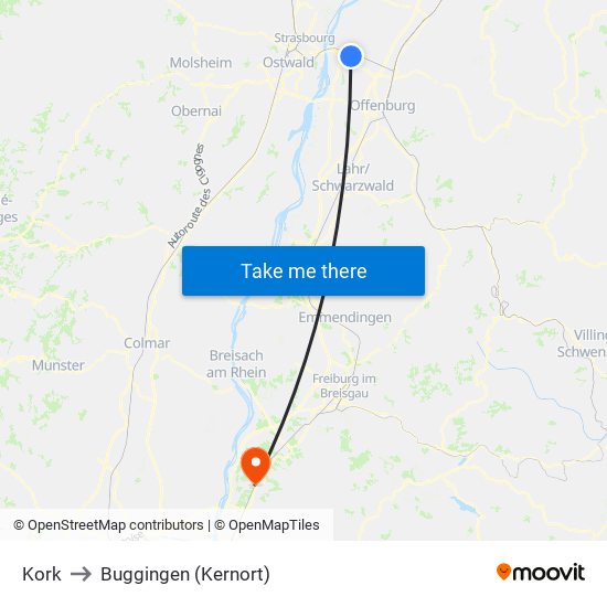 Kork to Buggingen (Kernort) map