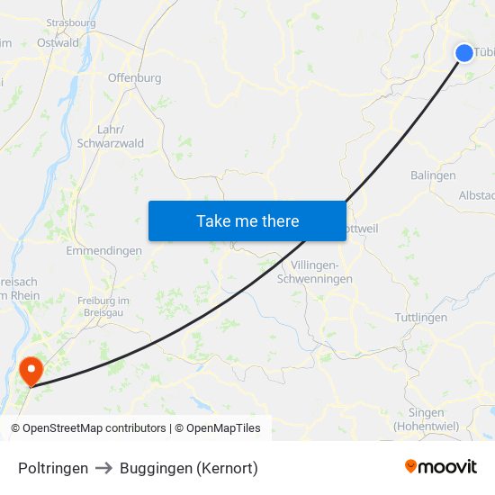 Poltringen to Buggingen (Kernort) map