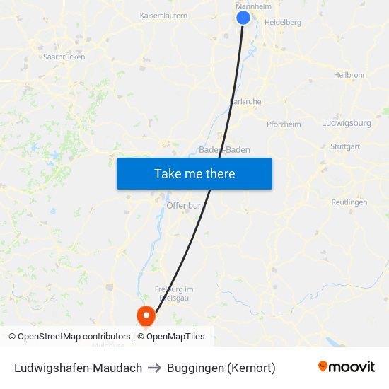 Ludwigshafen-Maudach to Buggingen (Kernort) map