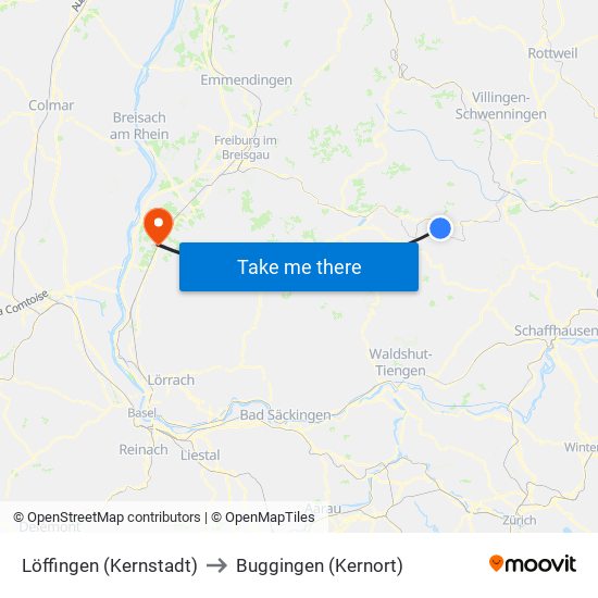 Löffingen (Kernstadt) to Buggingen (Kernort) map