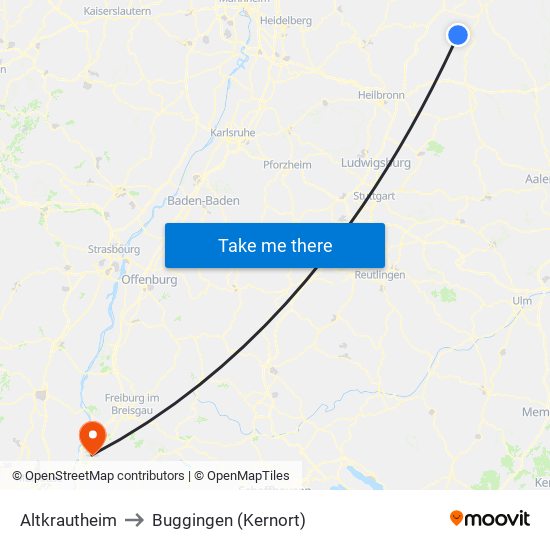 Altkrautheim to Buggingen (Kernort) map