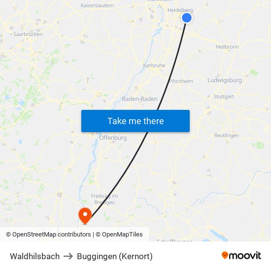 Waldhilsbach to Buggingen (Kernort) map