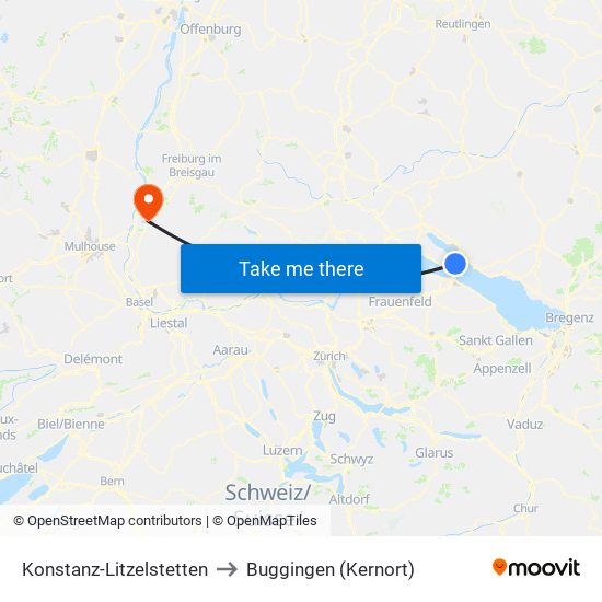 Konstanz-Litzelstetten to Buggingen (Kernort) map