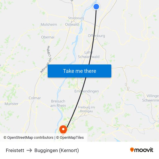 Freistett to Buggingen (Kernort) map