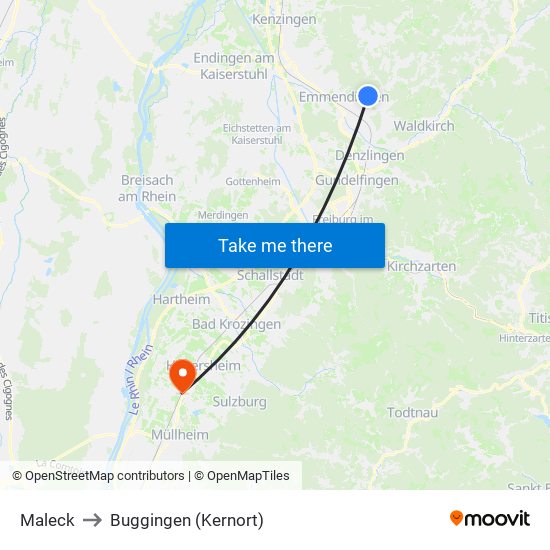 Maleck to Buggingen (Kernort) map