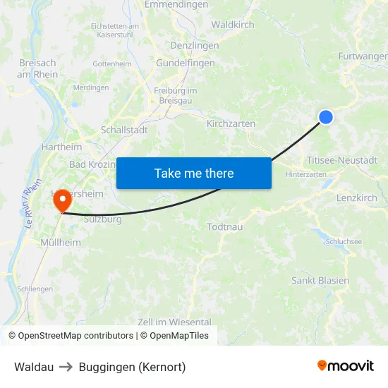 Waldau to Buggingen (Kernort) map