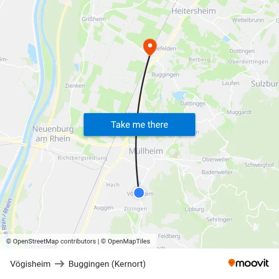 Vögisheim to Buggingen (Kernort) map