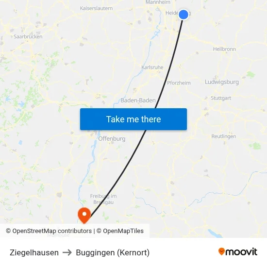 Ziegelhausen to Buggingen (Kernort) map