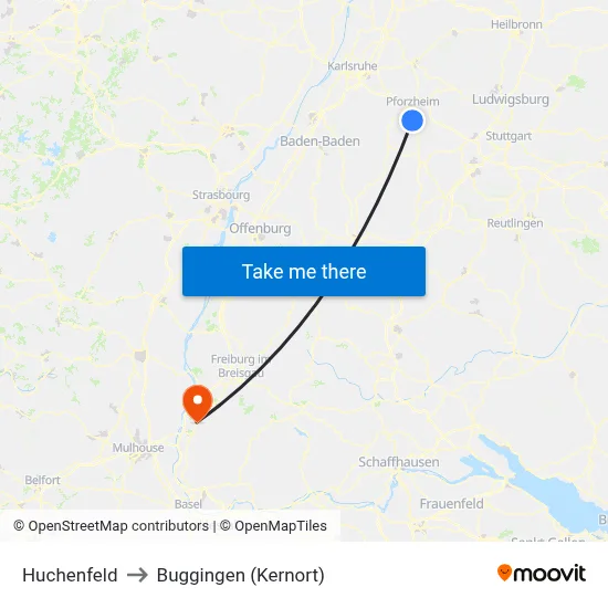 Huchenfeld to Buggingen (Kernort) map