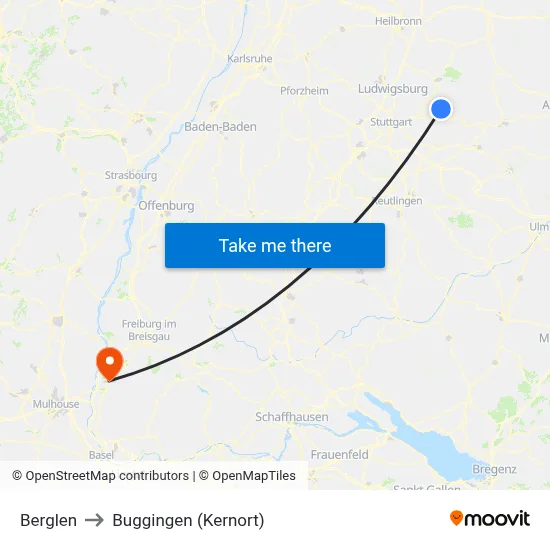 Berglen to Buggingen (Kernort) map