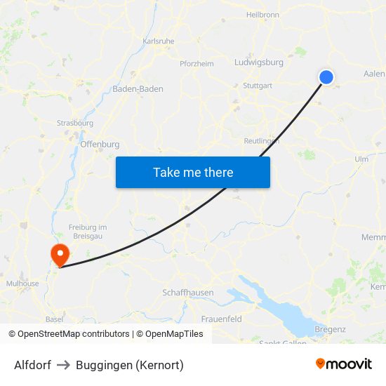 Alfdorf to Buggingen (Kernort) map