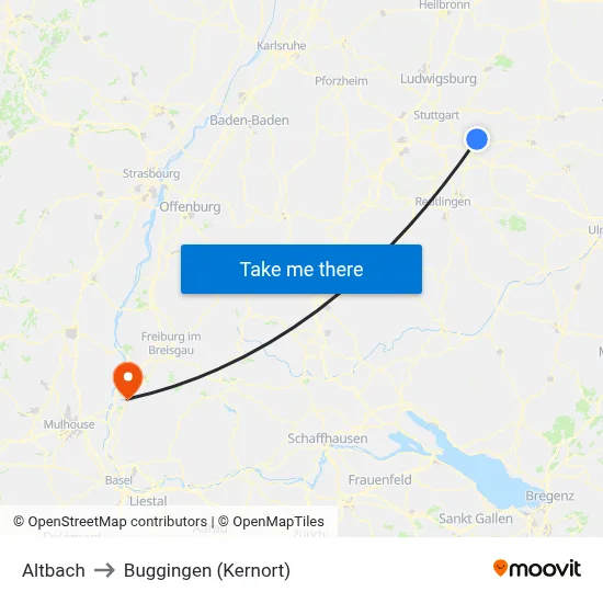 Altbach to Buggingen (Kernort) map