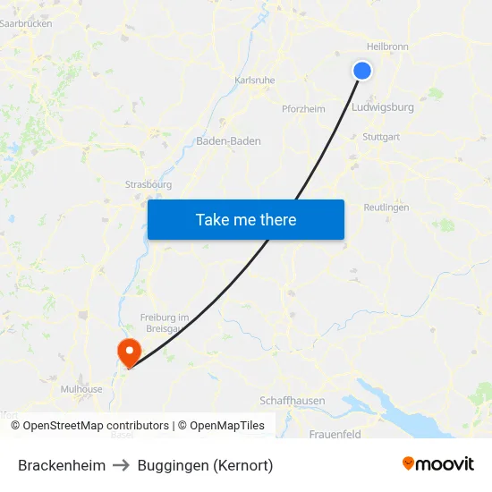 Brackenheim to Buggingen (Kernort) map