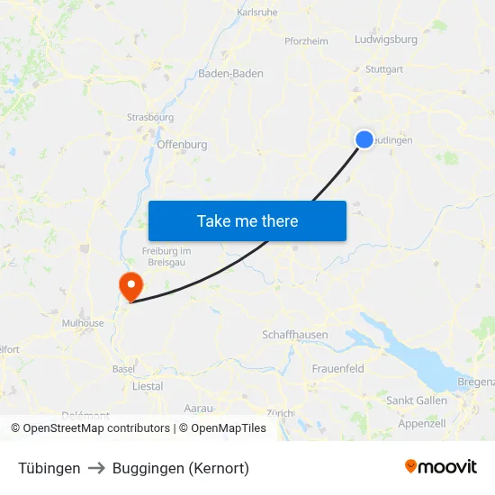 Tübingen to Buggingen (Kernort) map