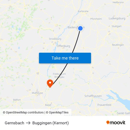 Gernsbach to Buggingen (Kernort) map