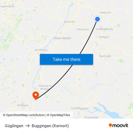 Güglingen to Buggingen (Kernort) map