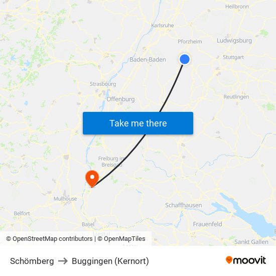 Schömberg to Buggingen (Kernort) map