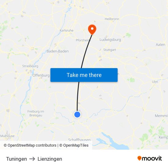 Tuningen to Lienzingen map