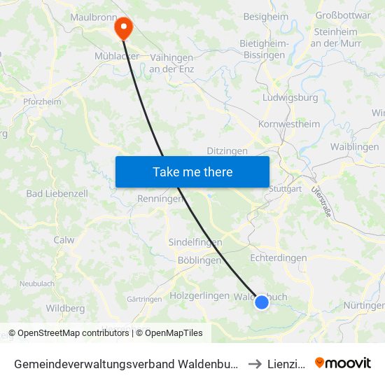 Gemeindeverwaltungsverband Waldenbuch/Steinenbronn to Lienzingen map