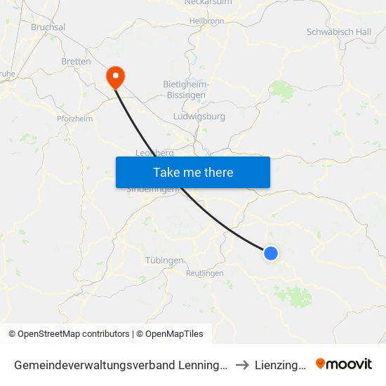 Gemeindeverwaltungsverband Lenningen to Lienzingen map