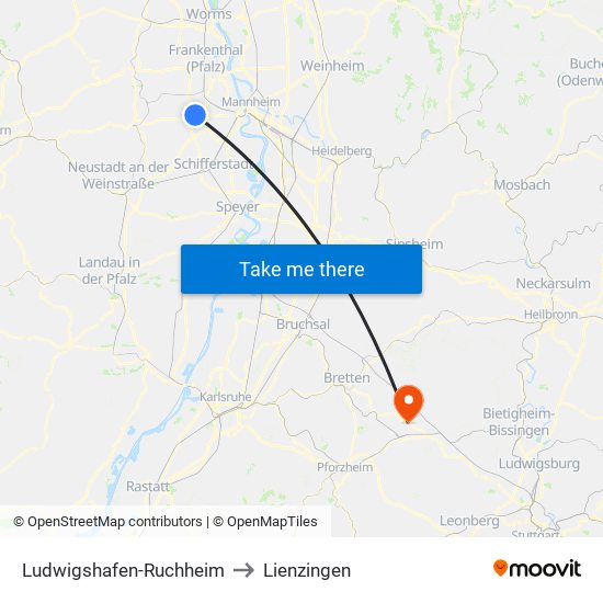 Ludwigshafen-Ruchheim to Lienzingen map